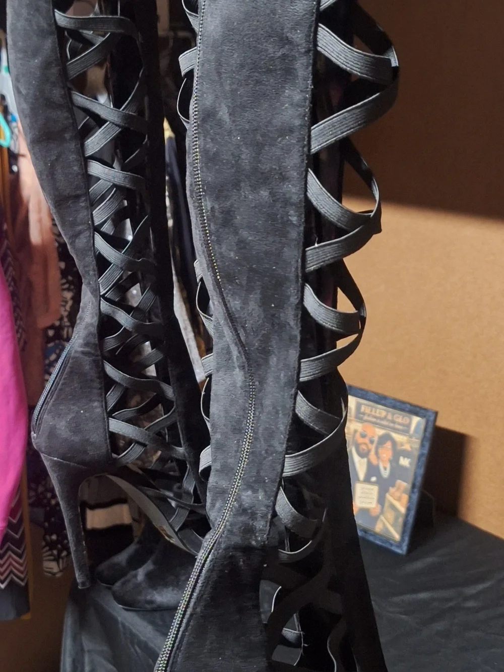 Black Over-the-Knee Lace-Up Peep-Toe Boots
